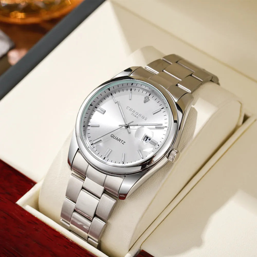 Men's automatic watch with mineral glass, fine steel belt, 41mm case diameter