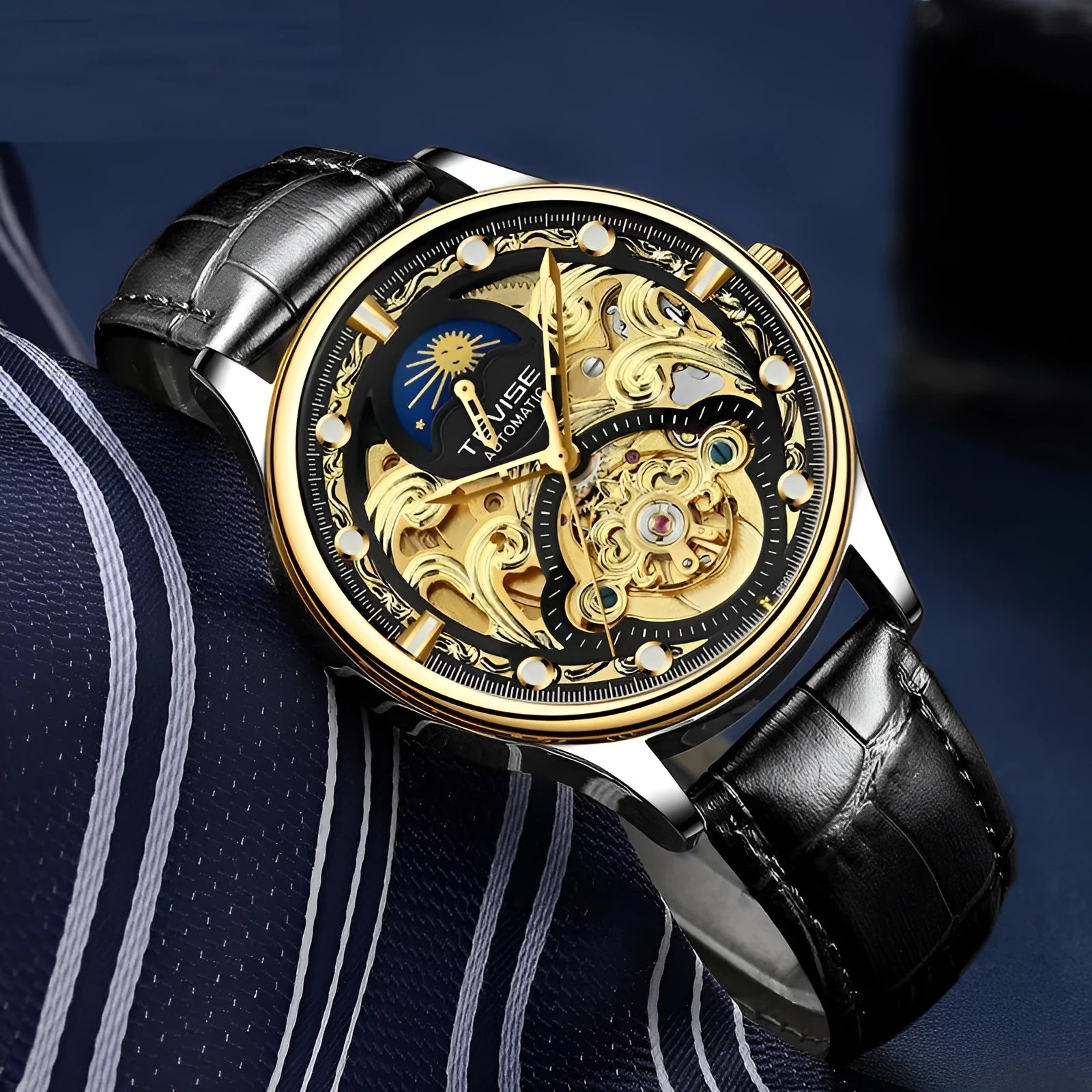 Men's gold leather automatic waterproof wristwatch showing business style and 16mm thickness.