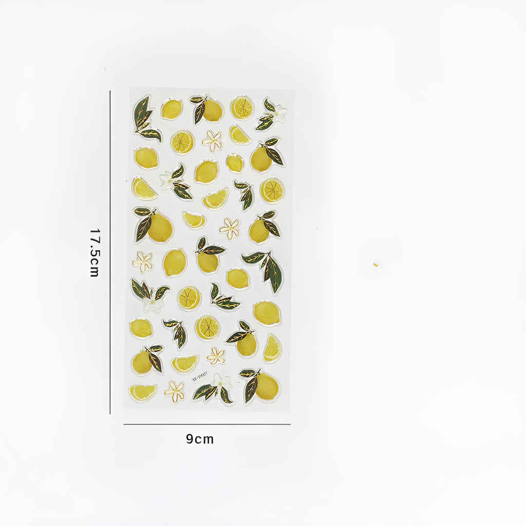 DIY fruit bronzing sticker set showing grape, orange, passion fruit, peach, pineapple, and strawberry designs