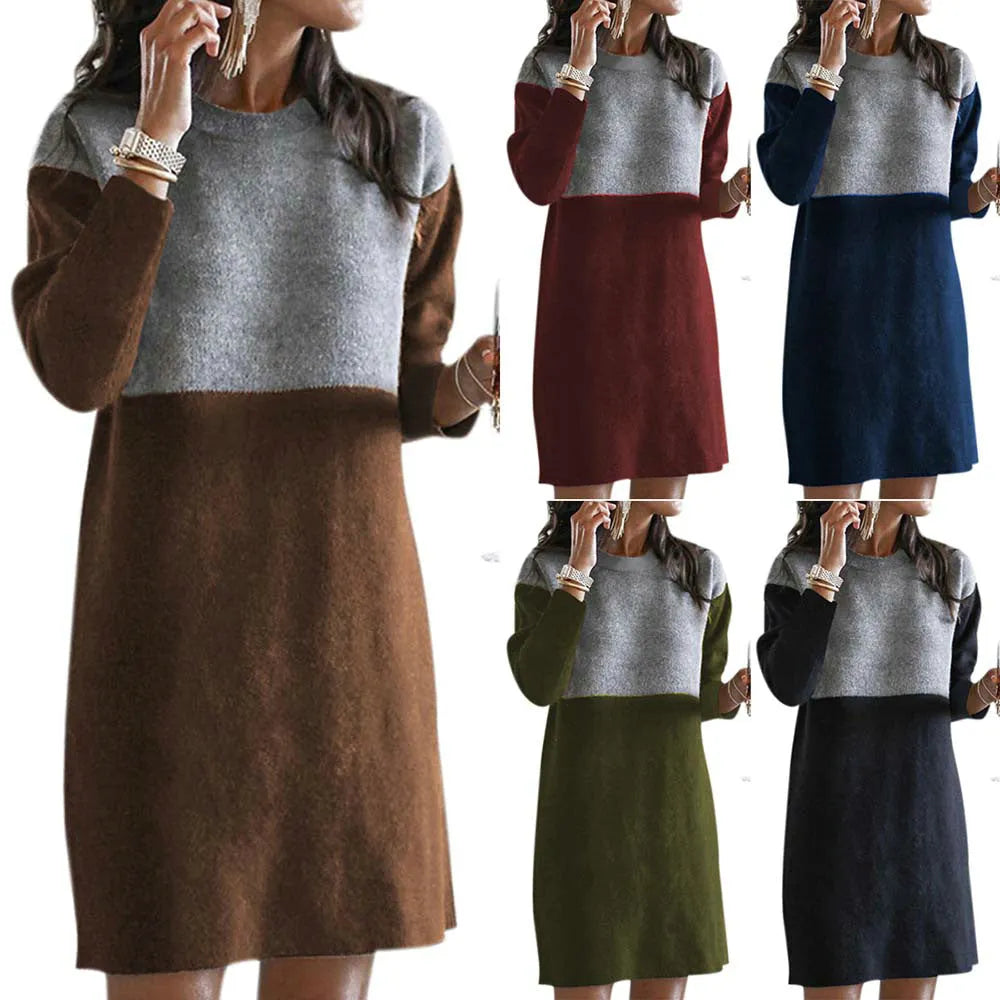 Brown women's polar fleece cotton dress with patchwork skirt, round neck, and long sleeves in retro art style