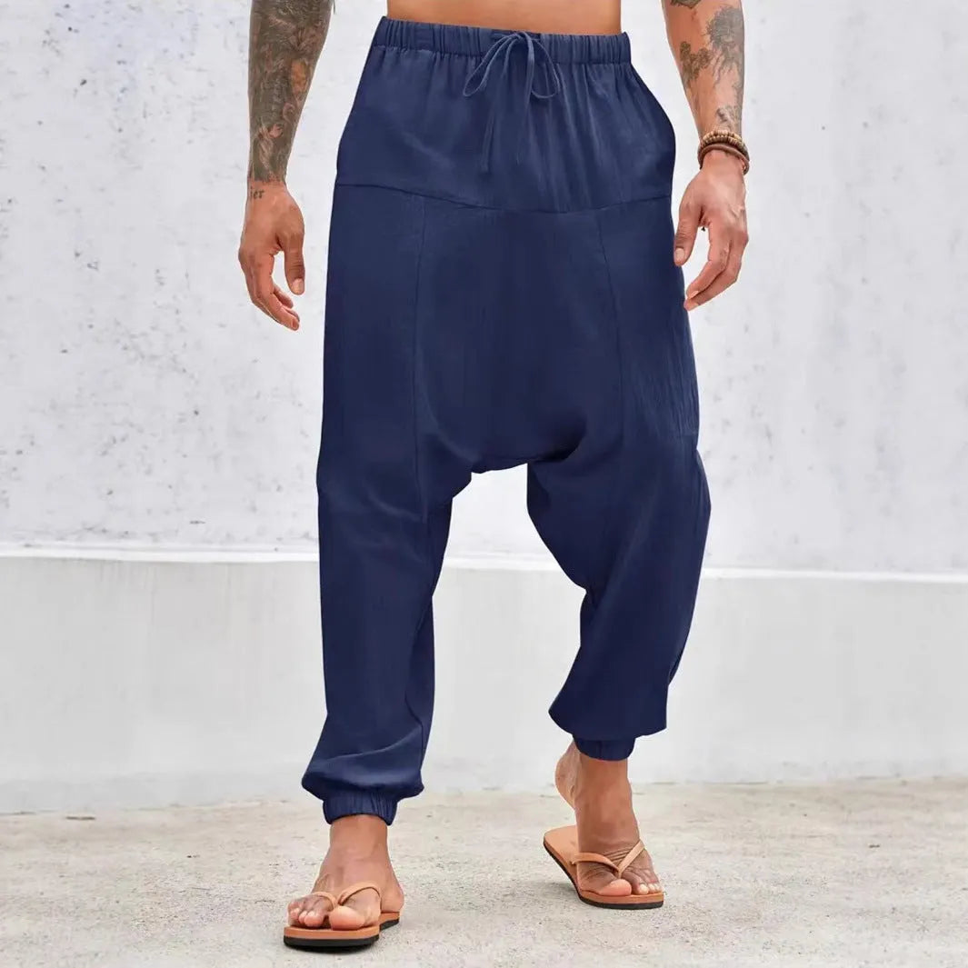 Summer breathable cuffed straight-leg cotton cargo pants in army green with drawstring waist