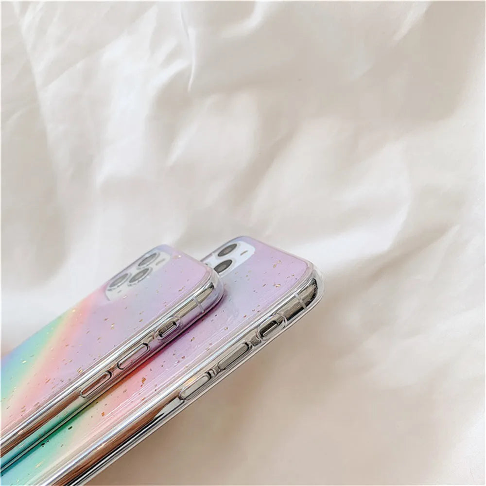 Rainbow gradient striped TPU phone case for iPhone models on a white background.