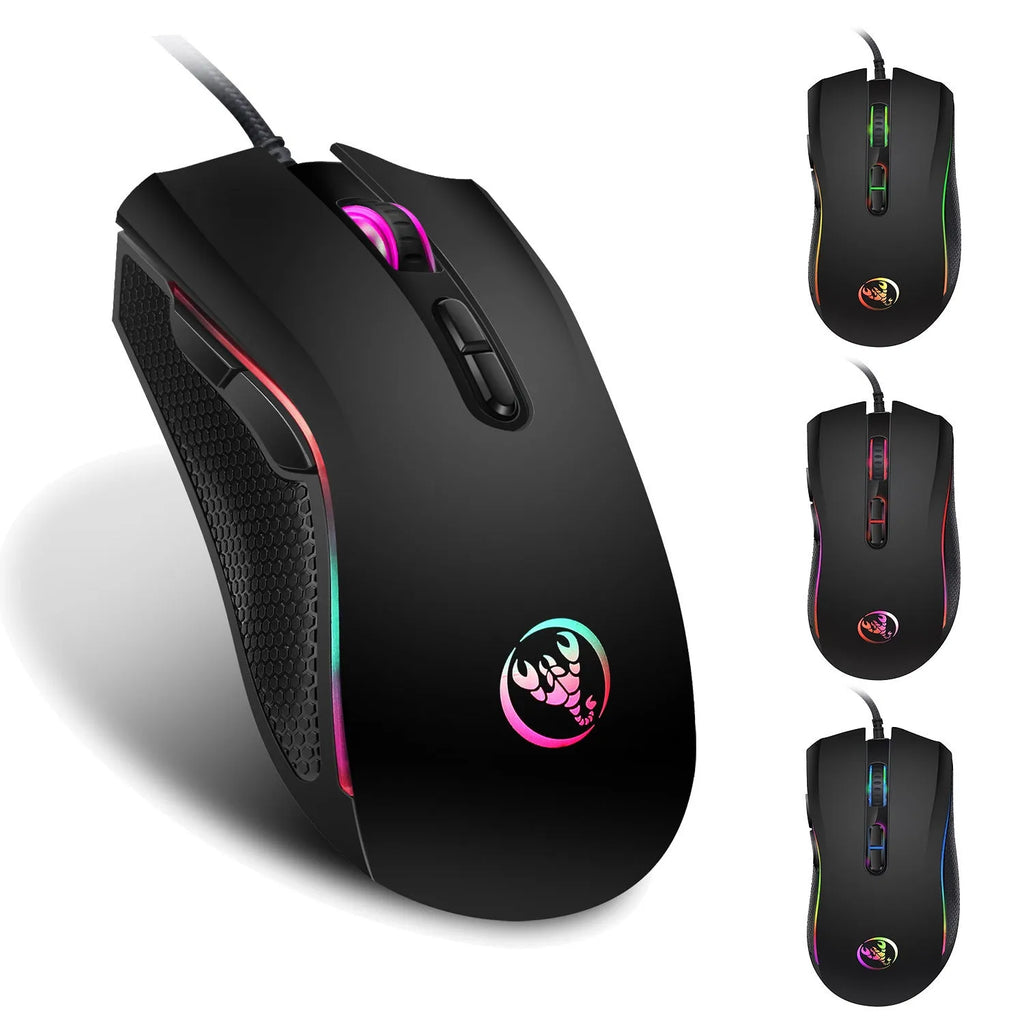 Black wired USB gaming mouse with 3200 DPI optical sensor, seven buttons, four-way scroll wheel and 1.5 metre cable for desktop computers.