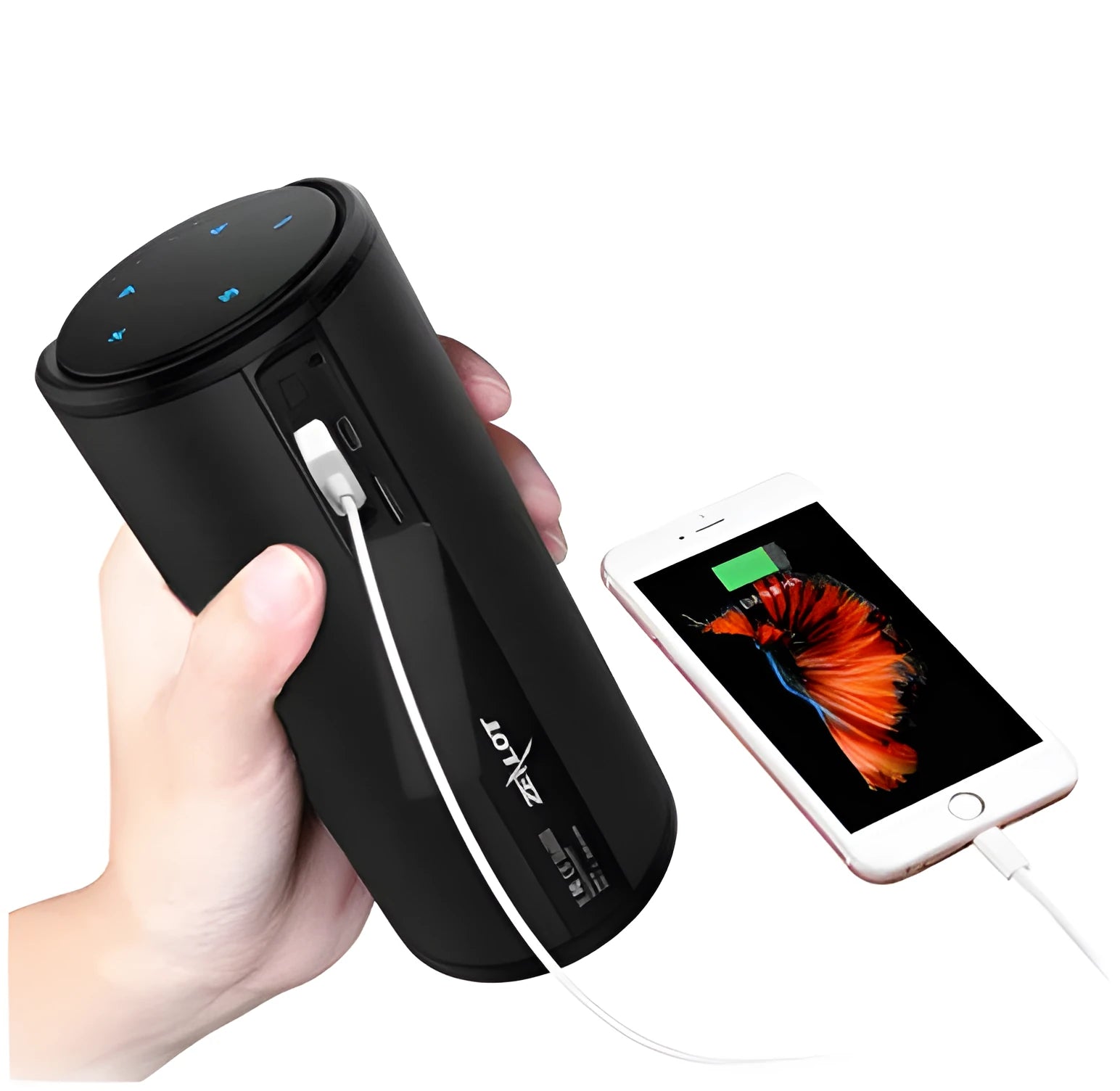 Portable Bluetooth speaker with 4000mAh battery showing dimensions 72x72x170mm