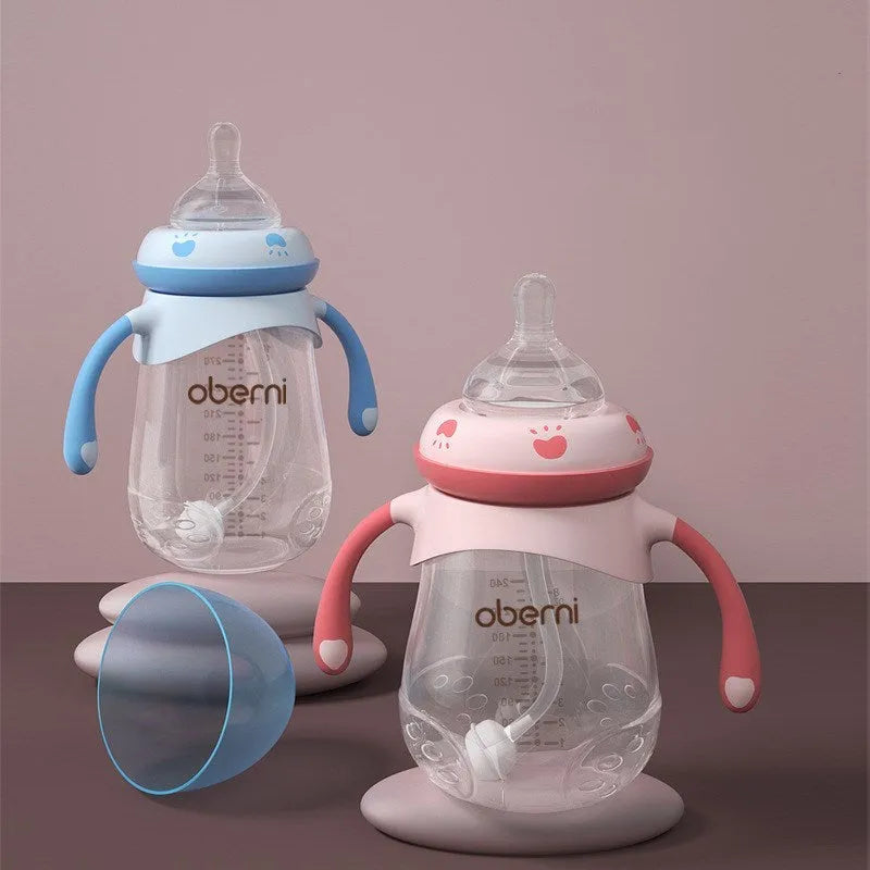 Blue wide calibre baby bottle with handle, showing gourd shape and anti-colic teat.