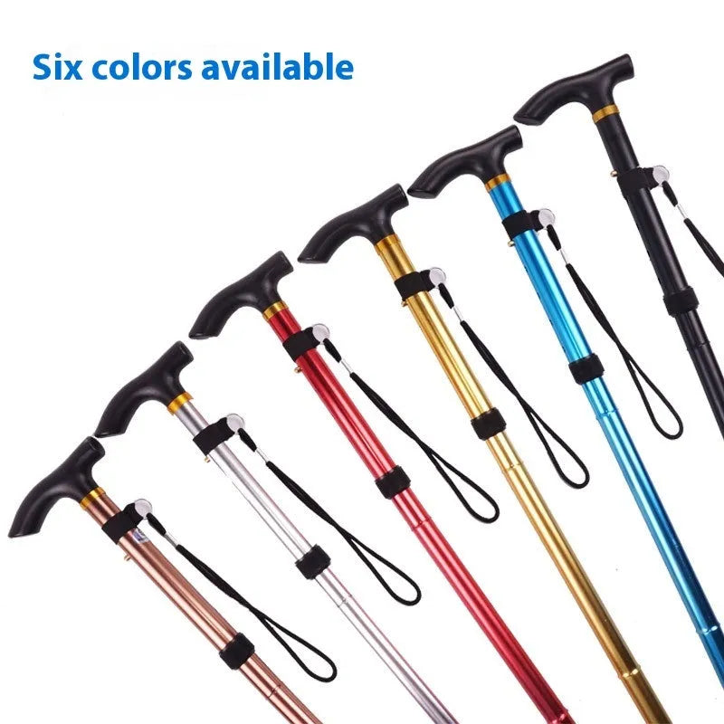 Aluminium alloy folding walking cane extended, showing adjustable sections and non-slip rubber foot.