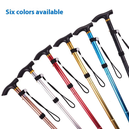 Aluminium alloy folding walking cane extended, showing adjustable sections and non-slip rubber foot.