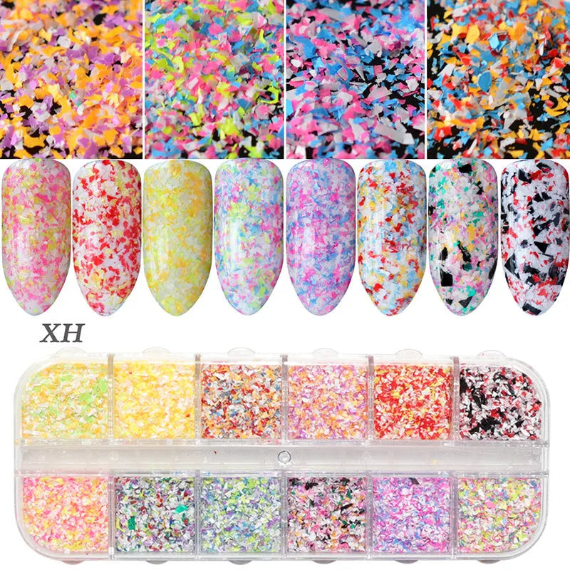 Nail polish glitter set with shell powder, laser sequins, chameleon powder, and star effect powder for nail art manicure