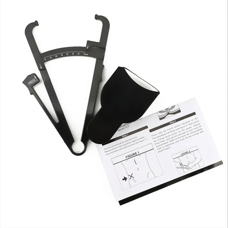 Black ABS plastic body fat caliper for skinfold measurement with a retractable measuring tape.