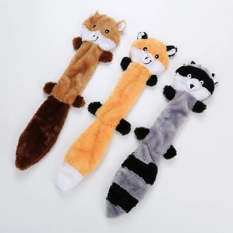 Brown plush dog toy with squeaker on a white background