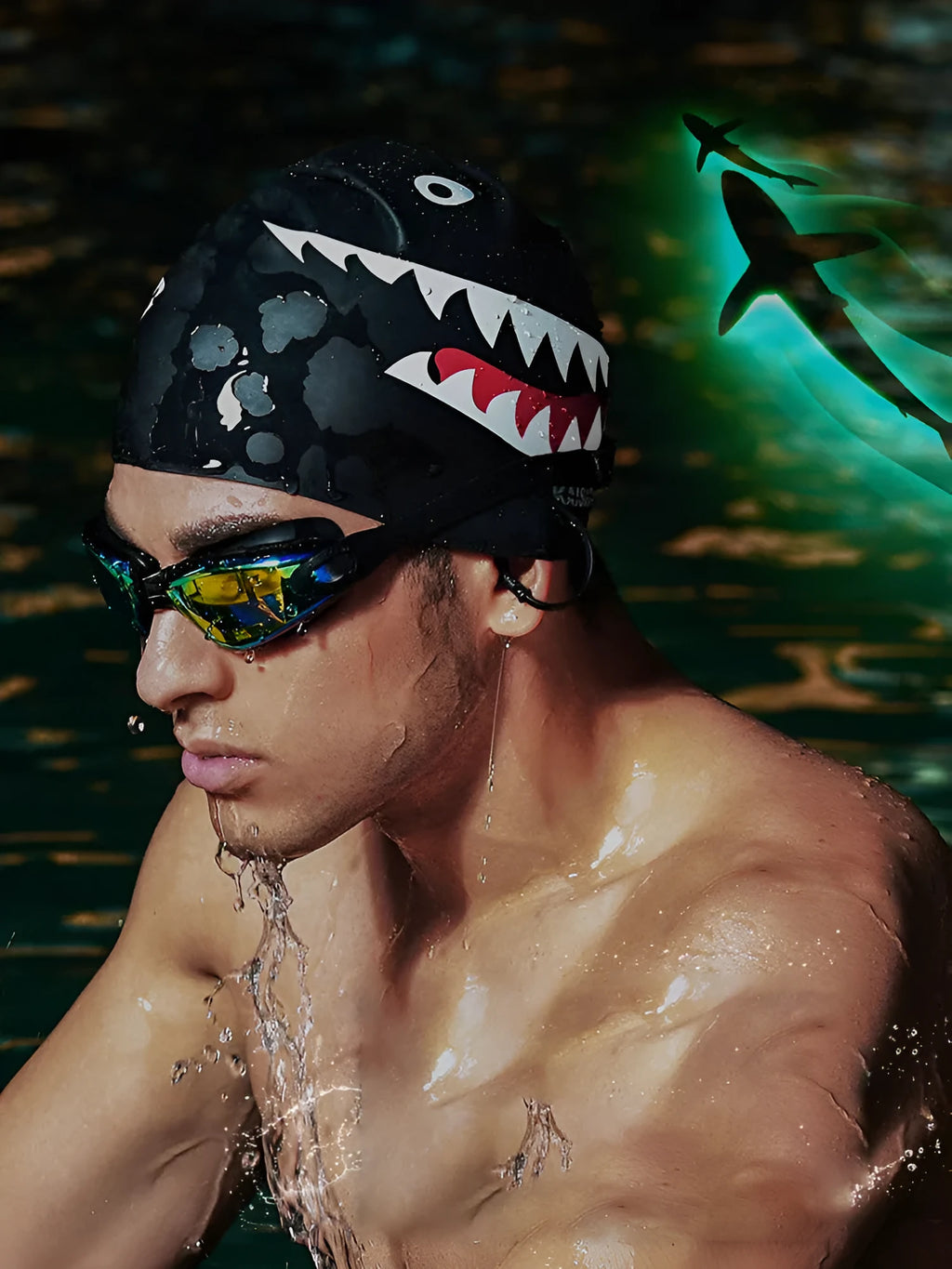 Large silicone swimming cap in shark black with printed design for unisex use