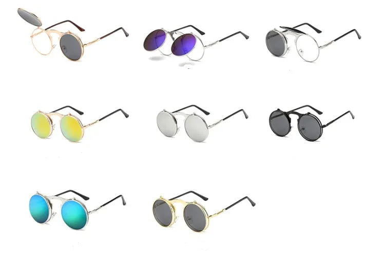 Vintage round steampunk flip-up sunglasses with metal frame, available in multiple colours