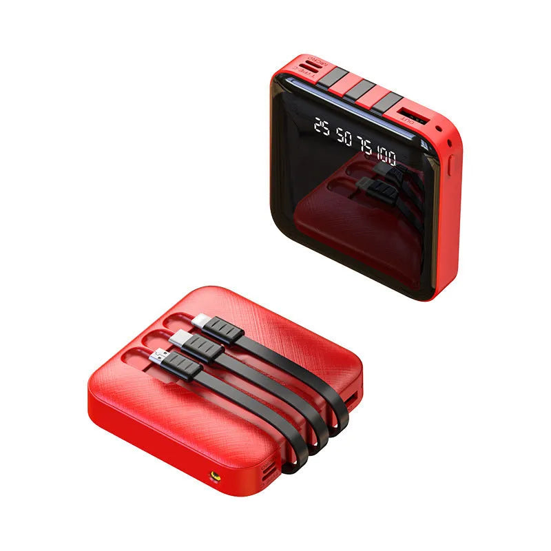 Black power bank with integrated charging cable showing compact 80x80x23mm dimensions