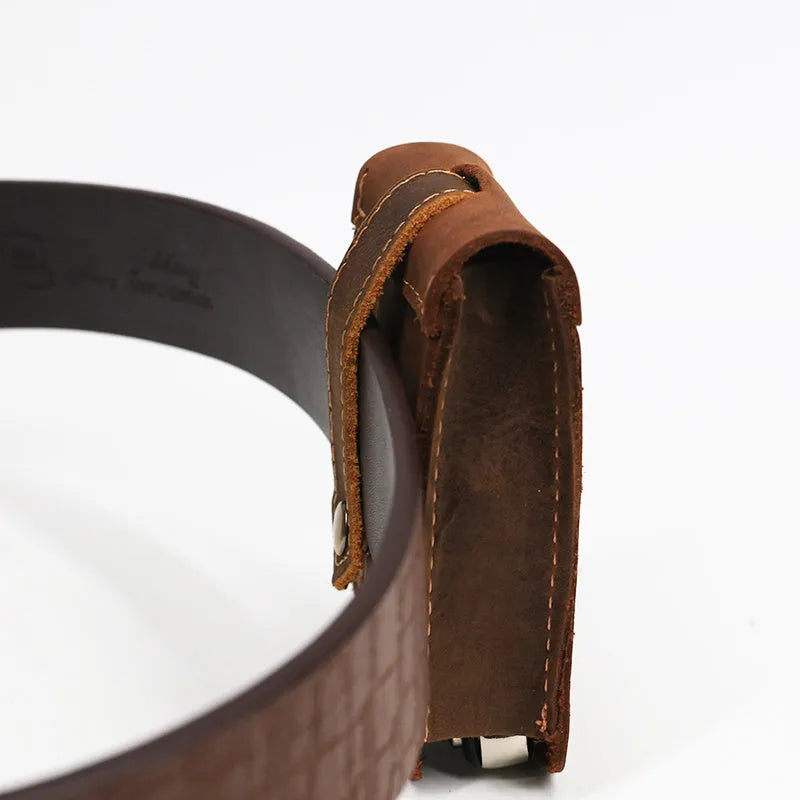 Crazy horse leather key case 7cm by 11.5cm in dark brown colour lying flat