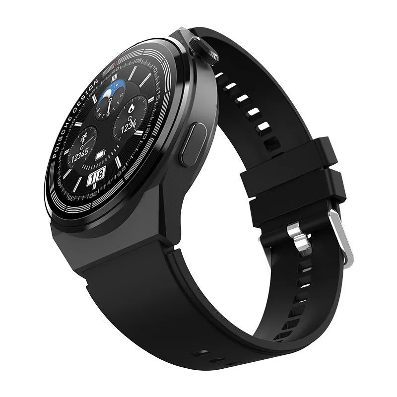 Black smartwatch with a circular 1.39-inch screen on a leather strap, showing NFC and blood glucose icons.