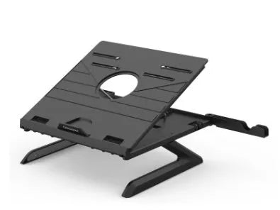 Folding laptop stand with 9 adjustable heights, anti-slip panel and phone holders, in black or white.