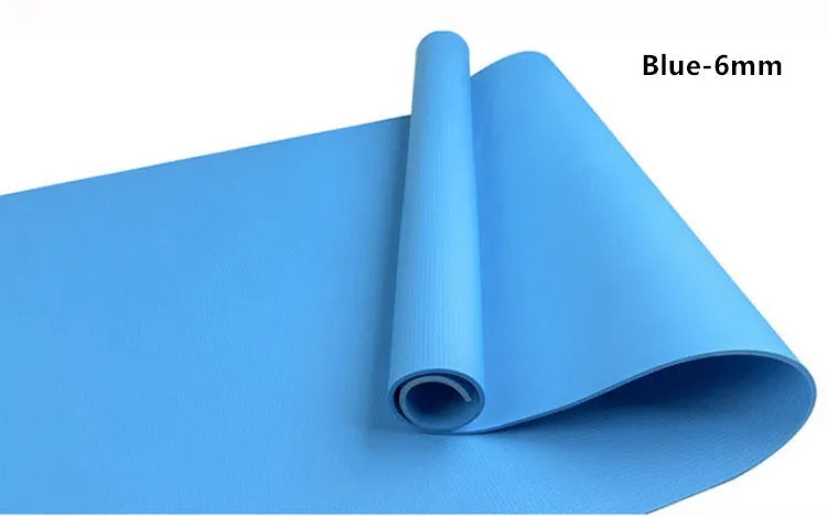 Red and blue EVA yoga mats showing 4mm and 6mm thickness options rolled up with storage bag.