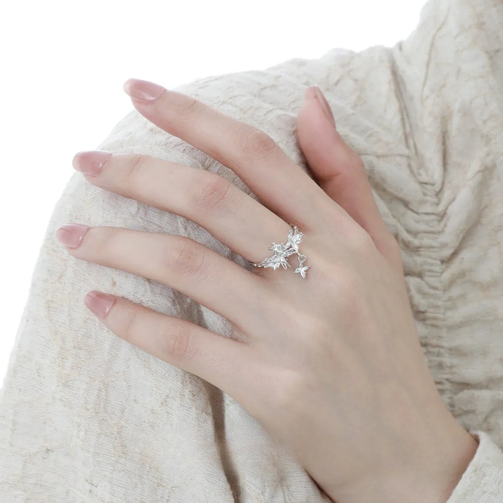Adjustable silver butterfly ring with original wild butterfly design in electroplated gold or white gold finish