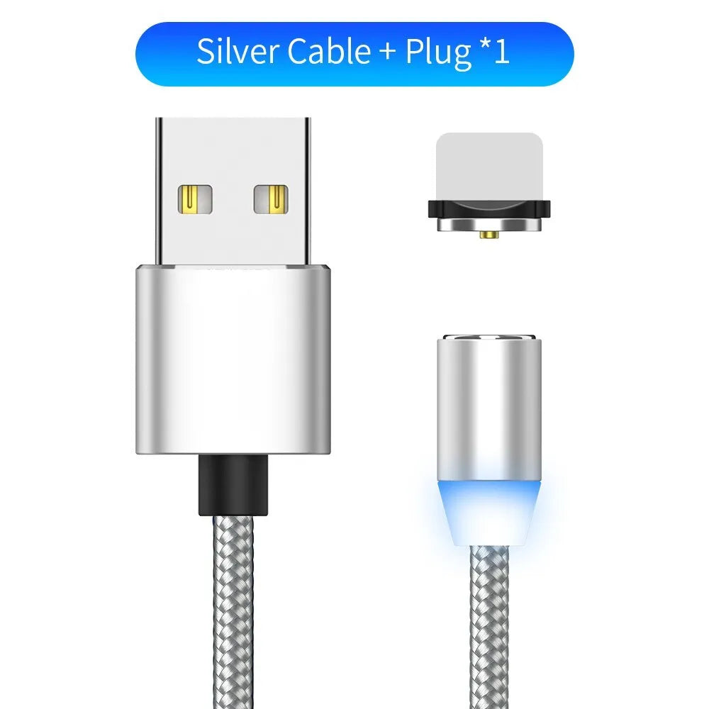 1 metre magnetic LED charging cable with cotton woven cord and three-in-one connector in aluminium shell