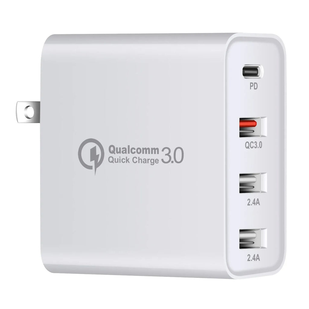 Black 48W USB-C four-port wall charger with UK plug on a white background