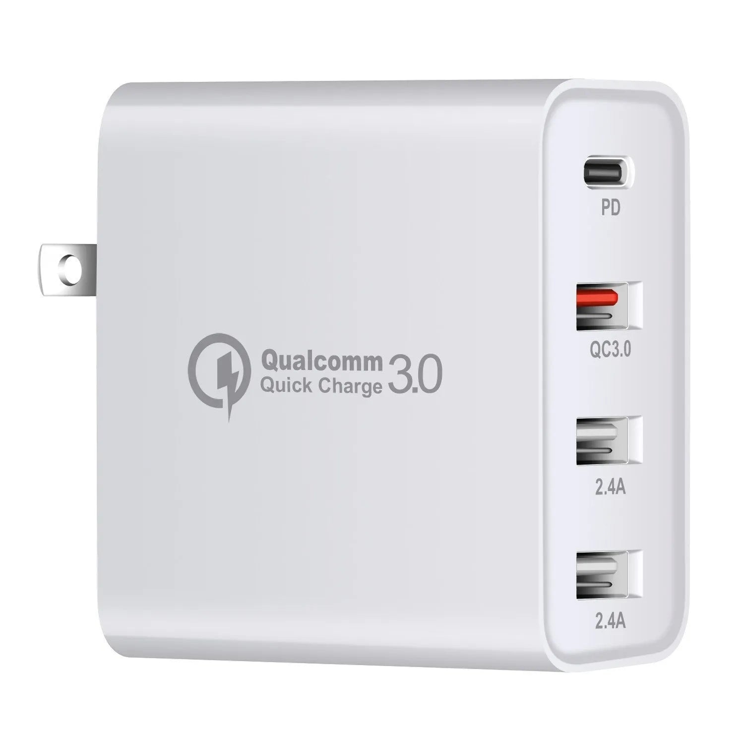 Black 48W USB-C four-port wall charger with UK plug on a white background