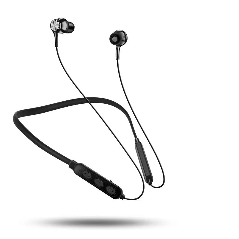 Red neckband sports Bluetooth earphones showing the neck loop and earpieces.