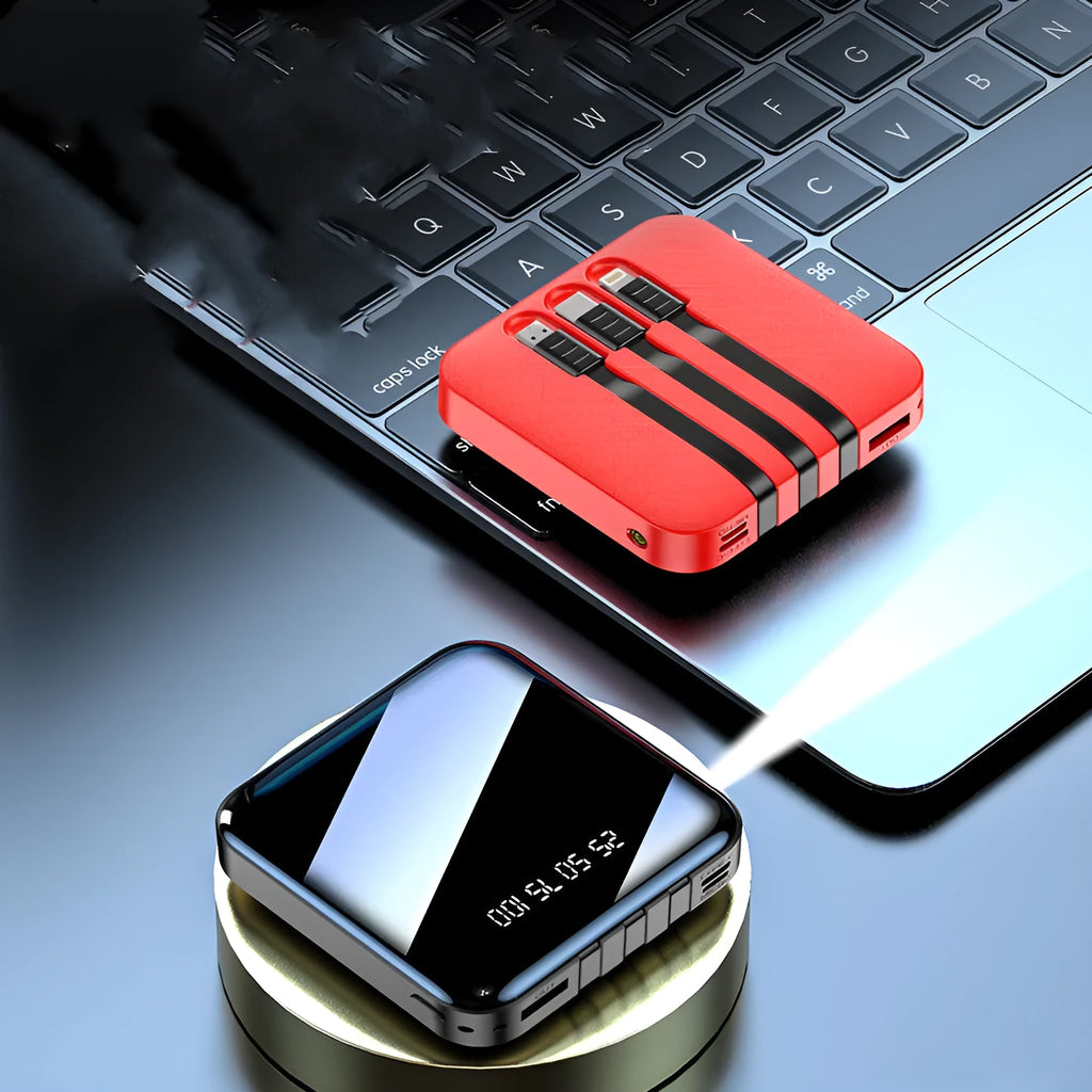 Black power bank with integrated charging cable showing compact 80x80x23mm dimensions
