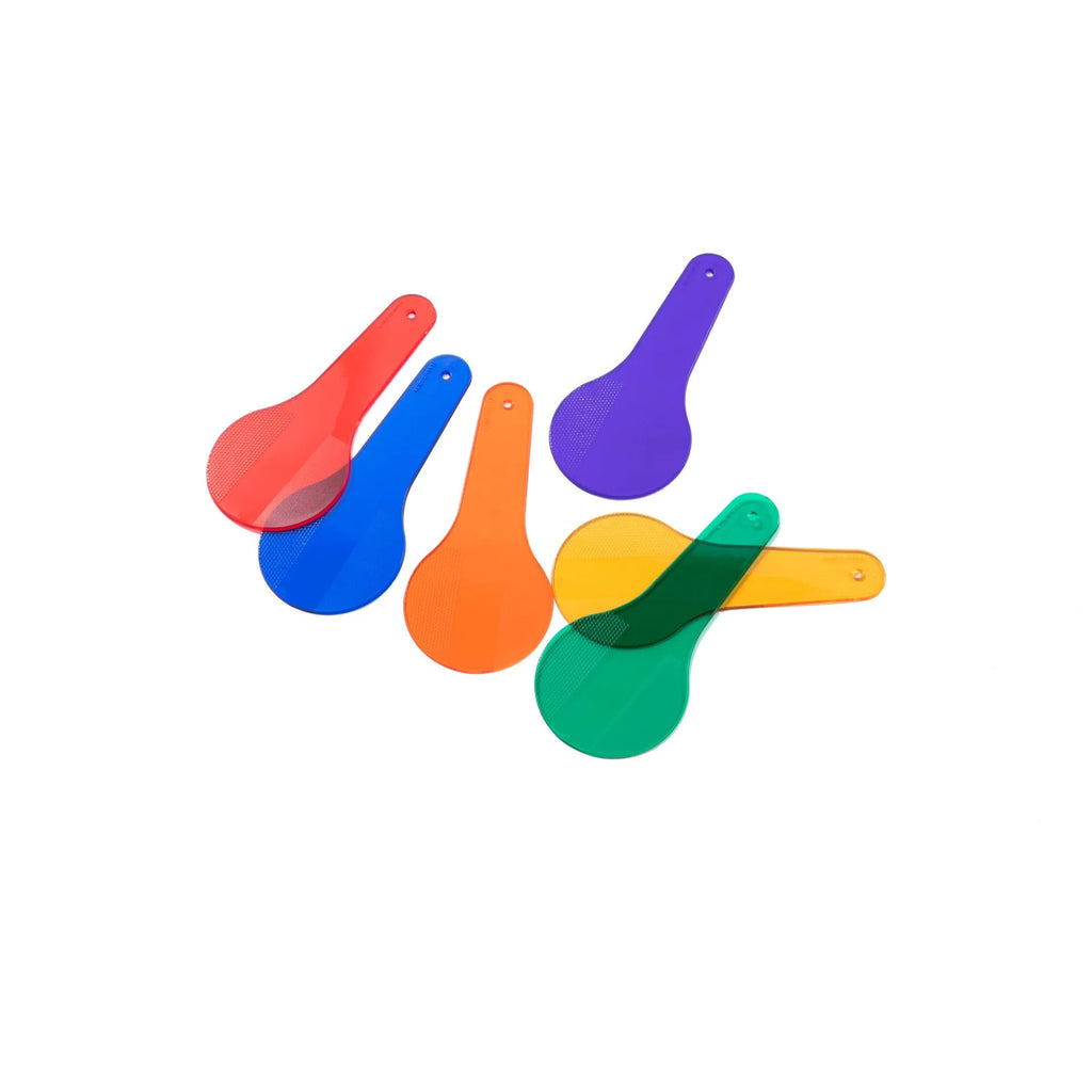 Six colourful PVC learning boards for children, showing red, yellow, blue, green, orange, and purple.