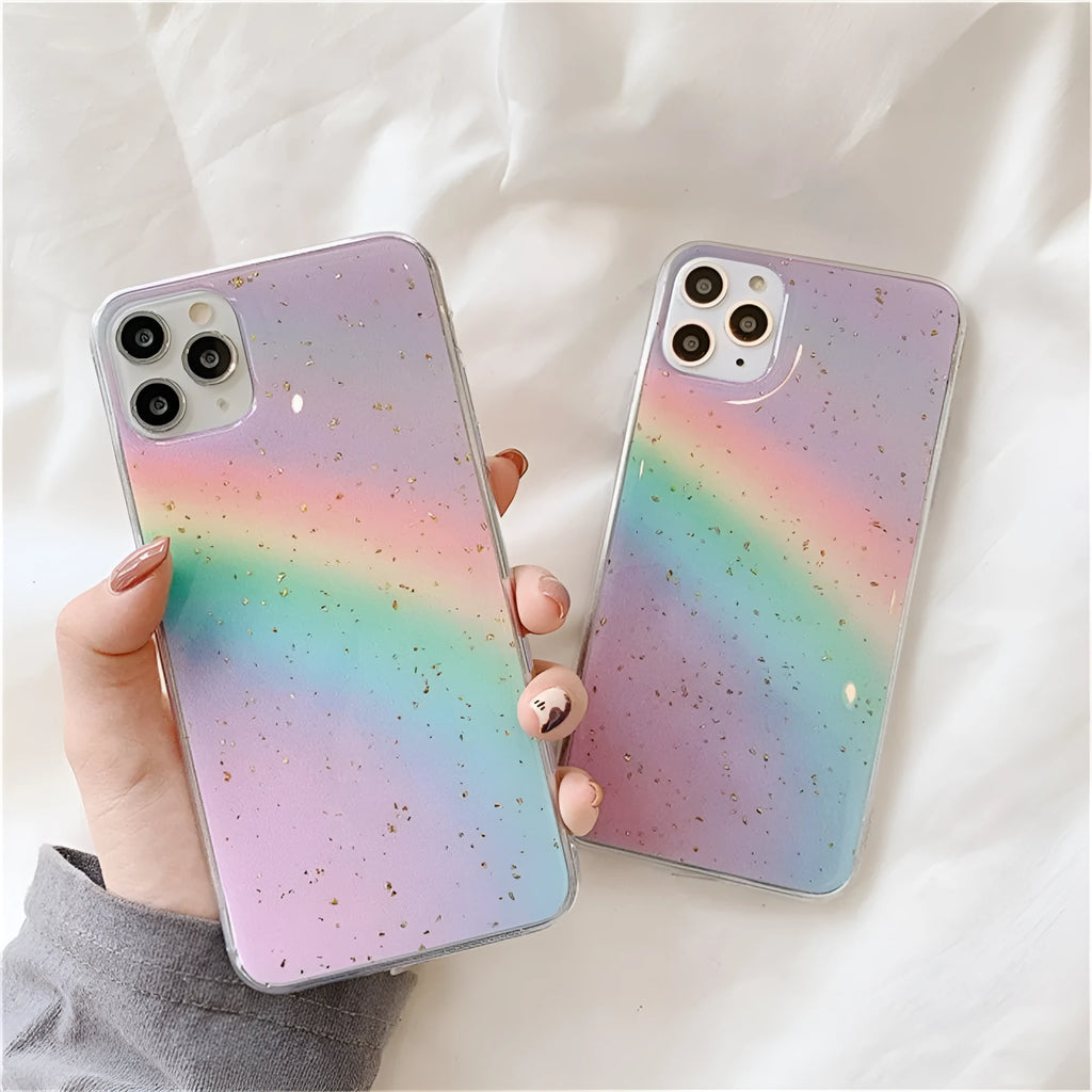 Rainbow gradient striped TPU phone case for iPhone models on a white background.