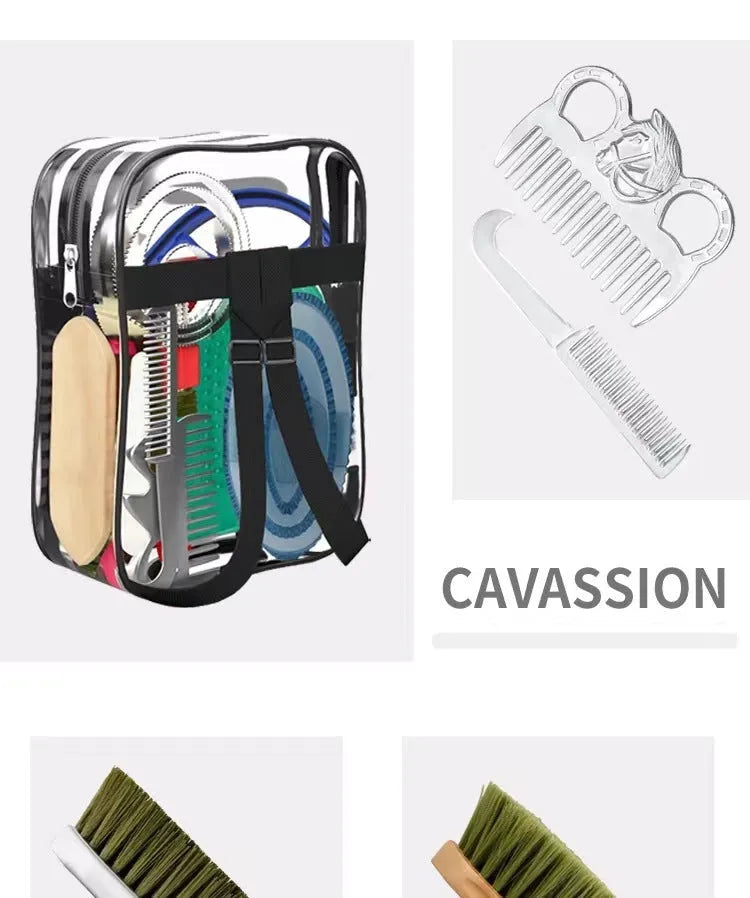 Horse grooming tool set with brushes, combs, and storage bag for equestrian care