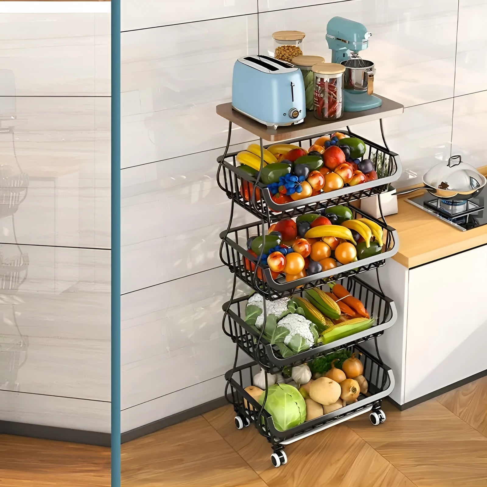 Black six layer kitchen shelf floor trolley with carbon steel frame and modern design