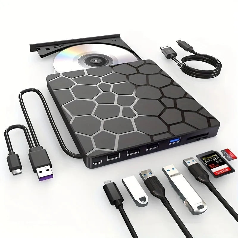 Black USB external CD drive and writer with compact 15.5cm housing