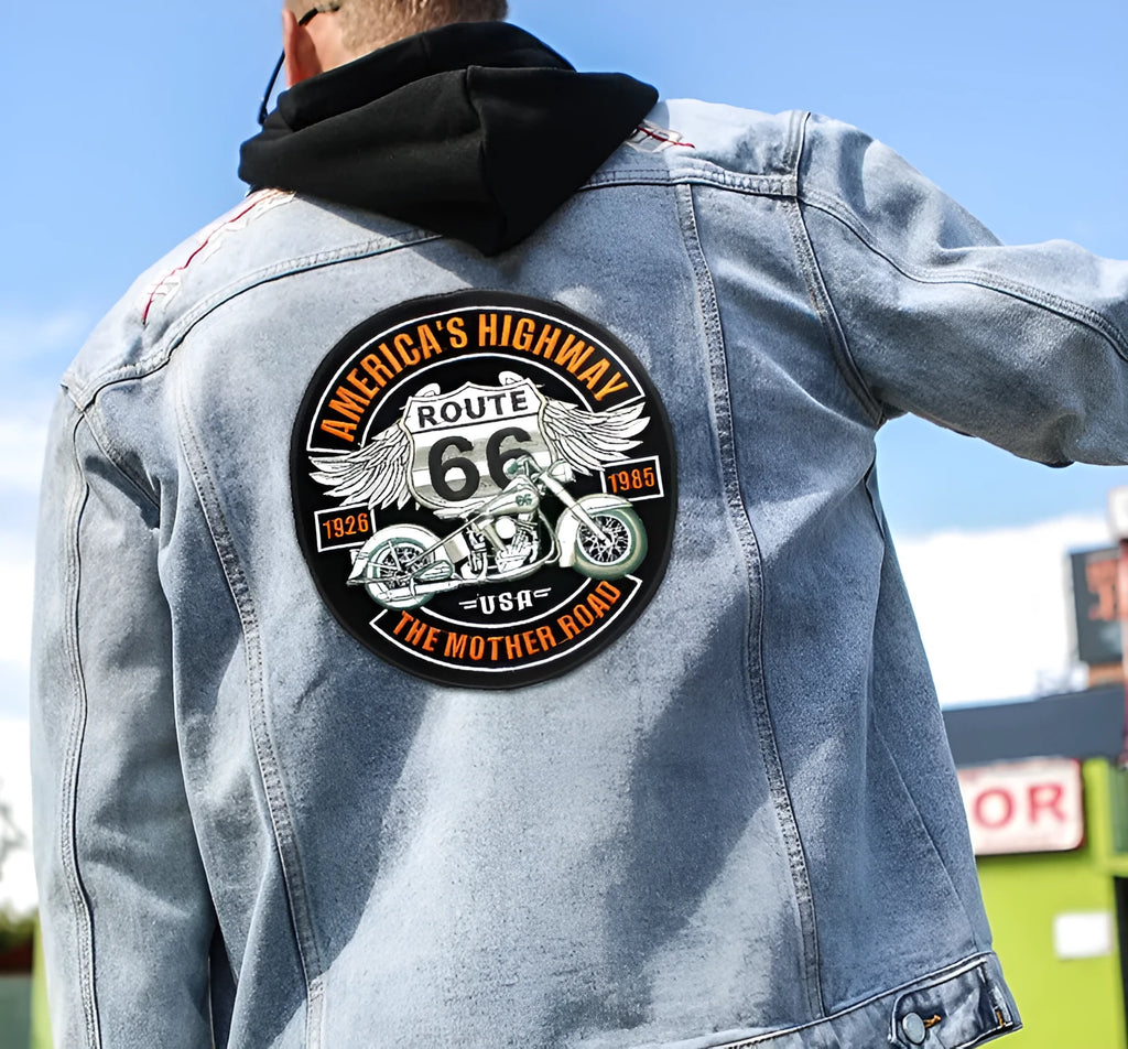 Large cloth embroidery sticker Route 66 design in L 23x25cm size on denim jacket