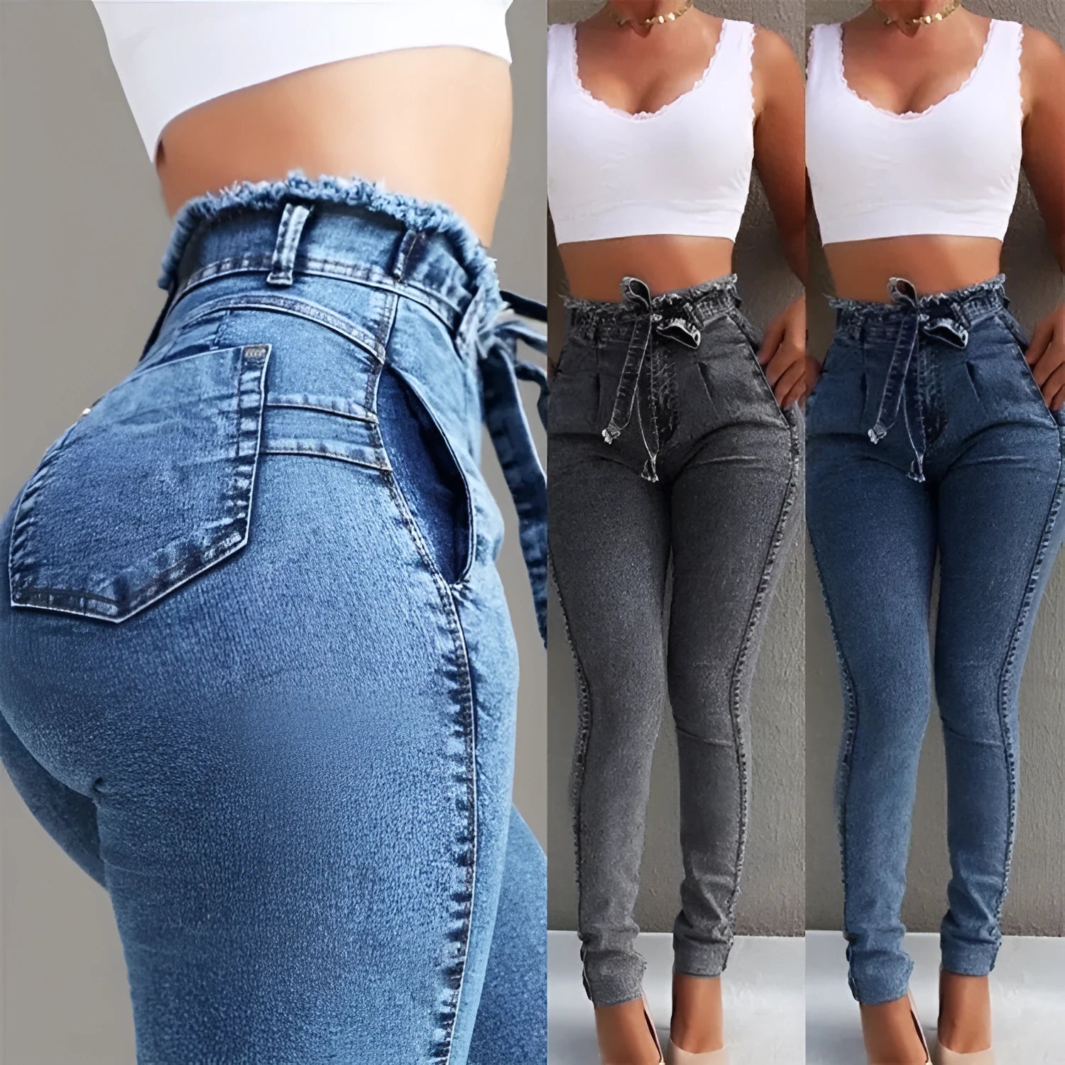 Pair of blue fringed jeans with a distressed hem laid flat, showing cowboy fabric texture.