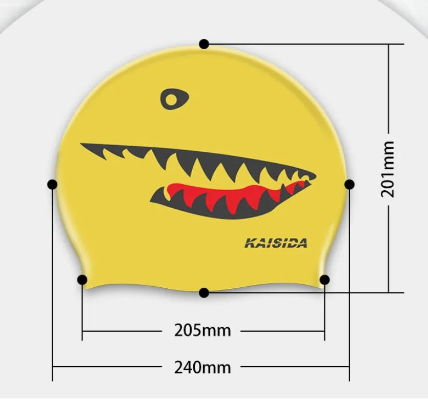 Large silicone swimming cap in shark black with printed design for unisex use