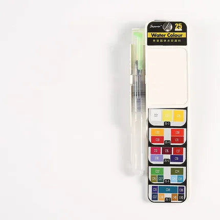 Fan-shaped foldable solid watercolour paint set in transparent box with fountain pen