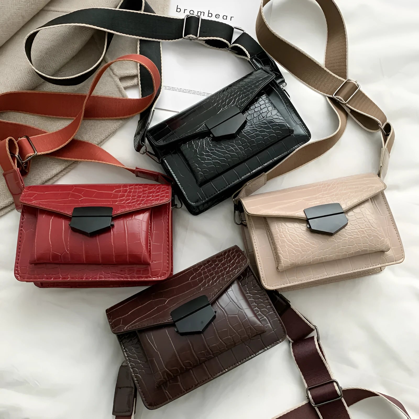 Vintage-style PU leather crossbody bag in black, shown with dimensions for scale.