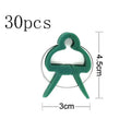 Green plastic and zinc plant fixing clips in large and small sizes for securing tomato vines and climbing plants.