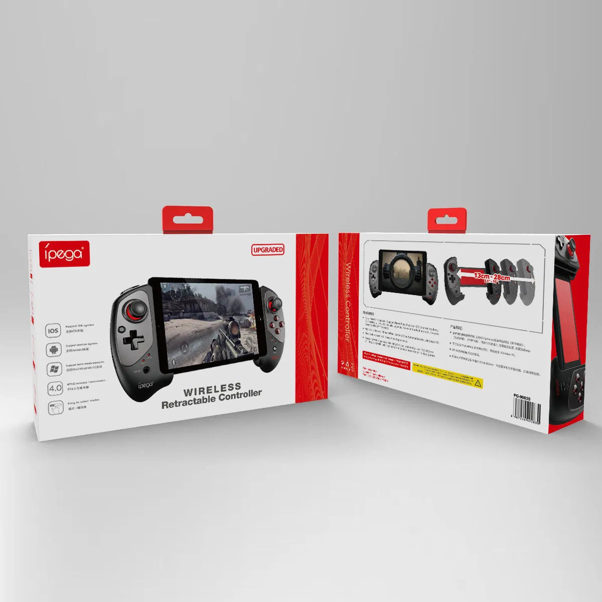 Red telescopic gamepad controller extended with smartphone, USB cable included