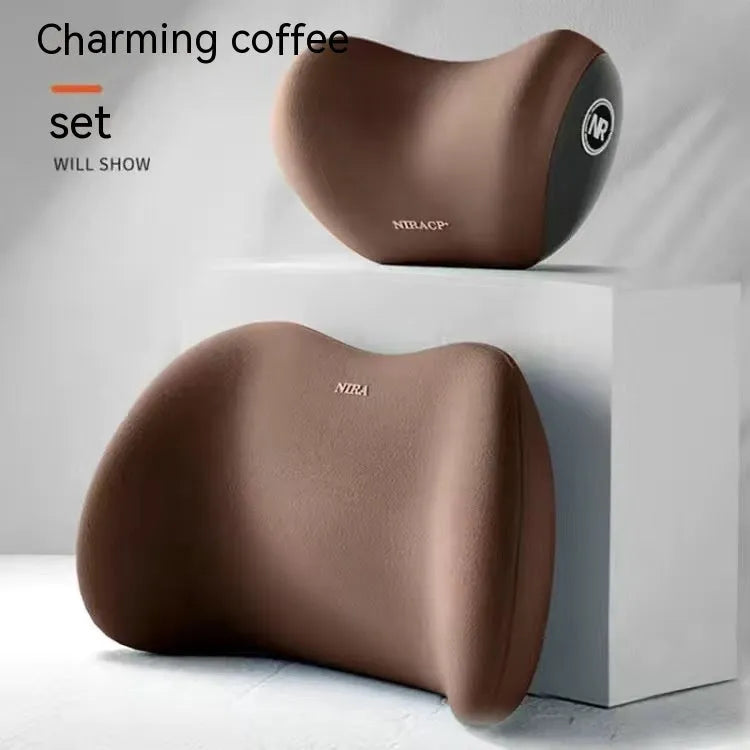 Black memory foam car headrest and lumbar support pillow set with milk silk cover.