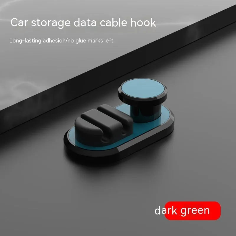 Dark green car data cable storage hook made of ABS silicone showing compact dimensions
