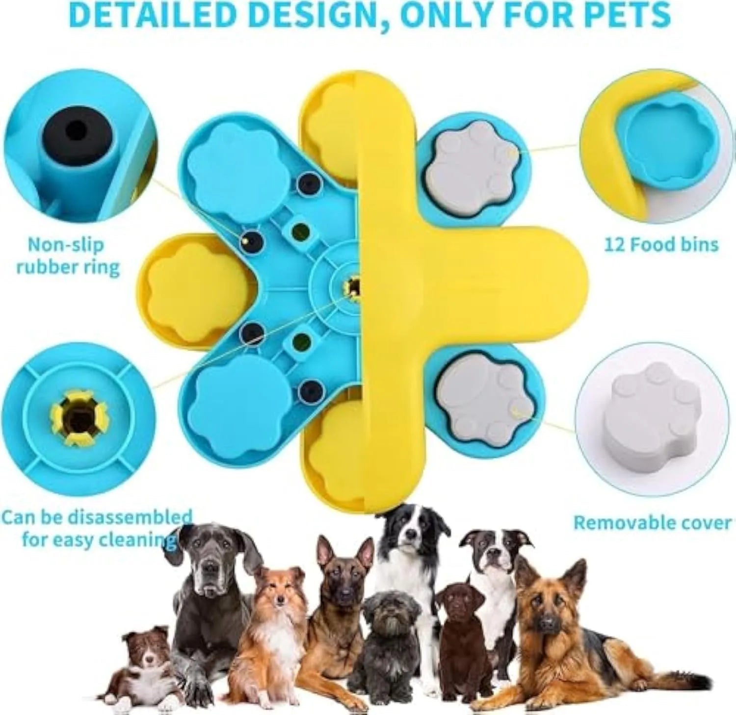 Yellow three-layer rotating dog puzzle feeder toy with anti-slip rubber base on a floor.
