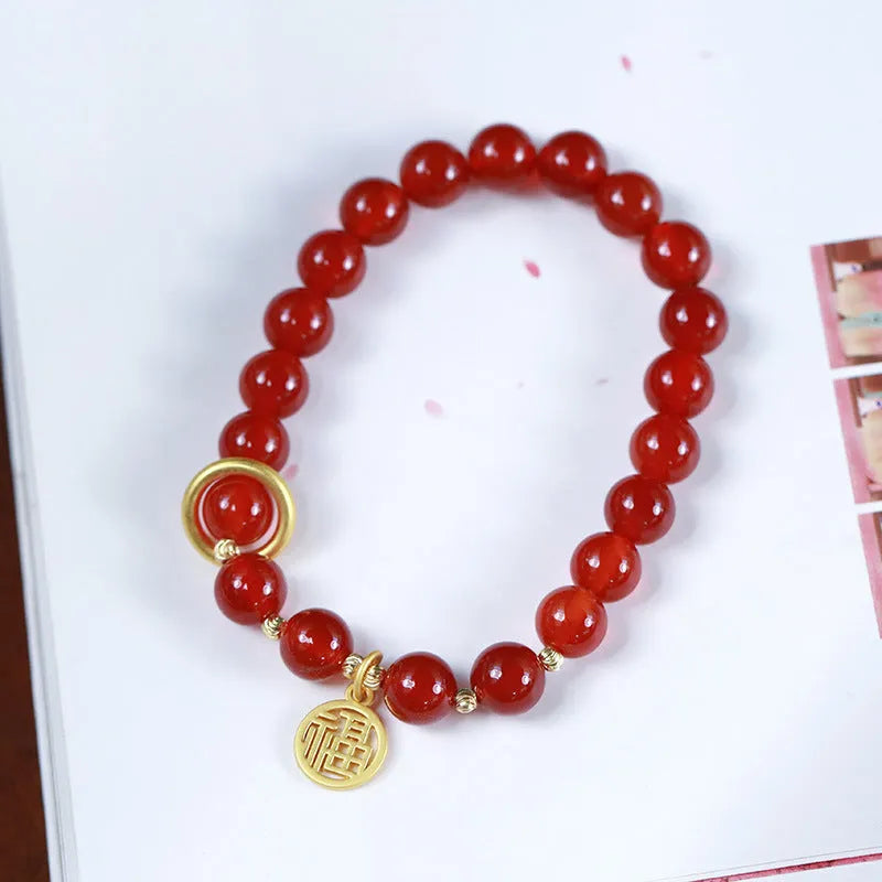 Natural red agate bracelet with woven beads in national style, showing 8MM and 10MM size options with blessing card.