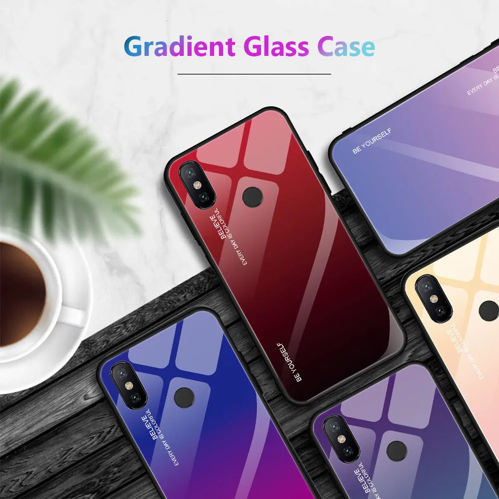 Gradient colour phone case for Redmi smartphones with tempered glass and TPU construction