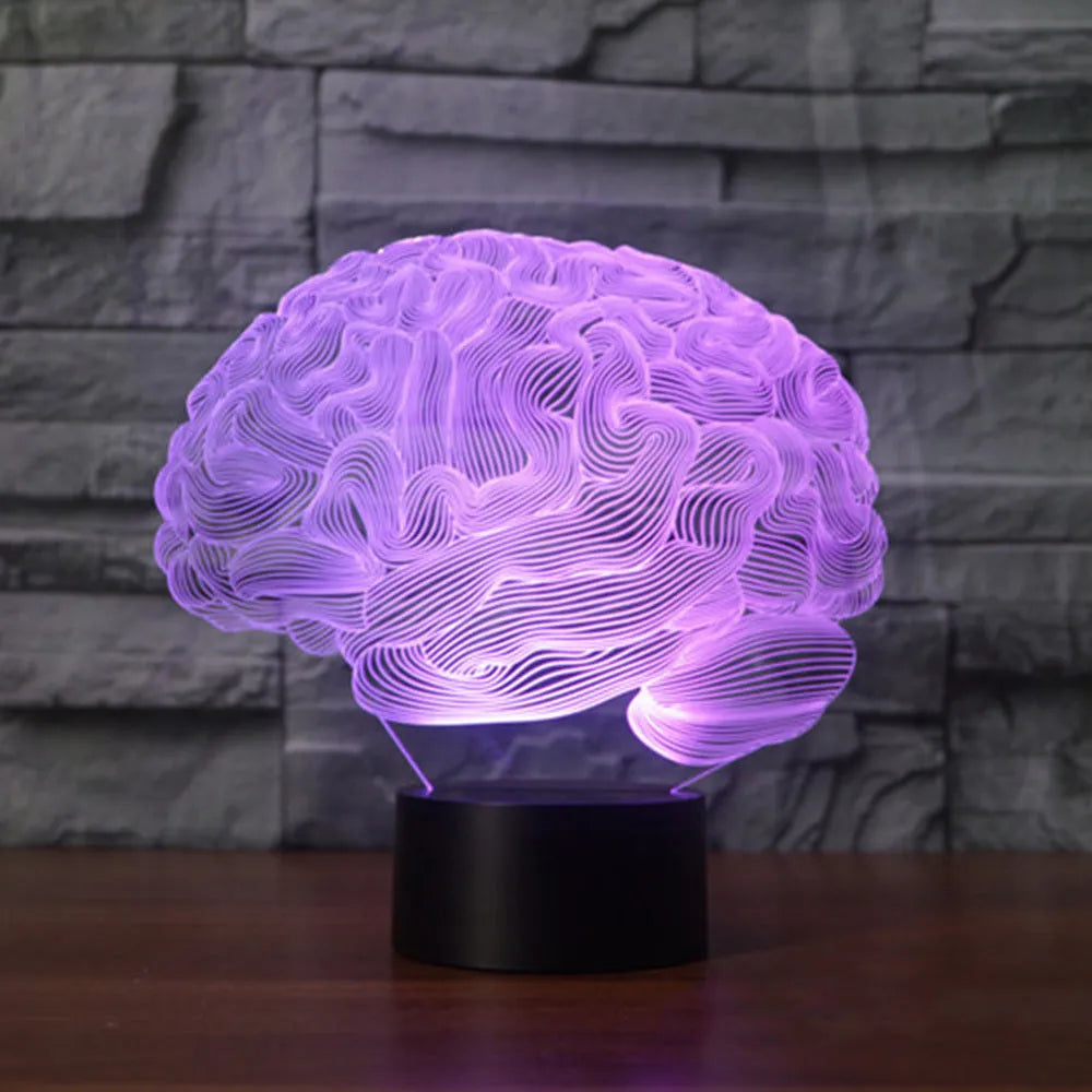 3D brain design acrylic LED lamp with colour changing lights on a black ABS base.