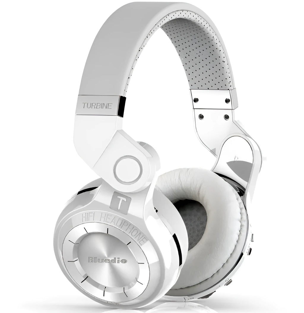 Black and white T2 Smart Edition over-ear Bluetooth headphones with a folding metal design and a detachable audio cable.