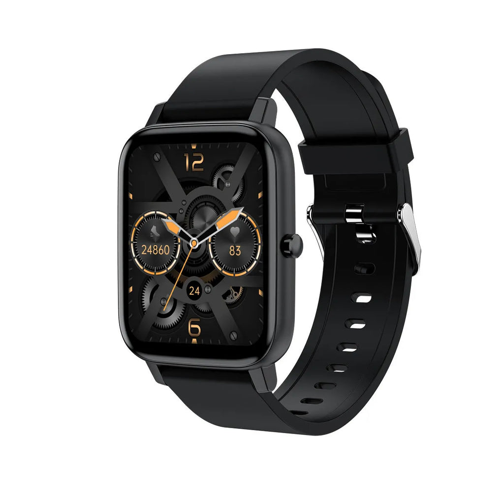 H80 smart watch in black with a 1.69-inch screen showing heart rate and ECG data on the wrist.