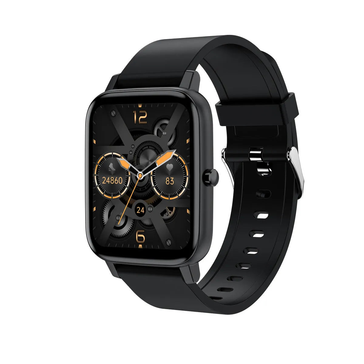 H80 smart watch in black with a 1.69-inch screen showing heart rate and ECG data on the wrist.