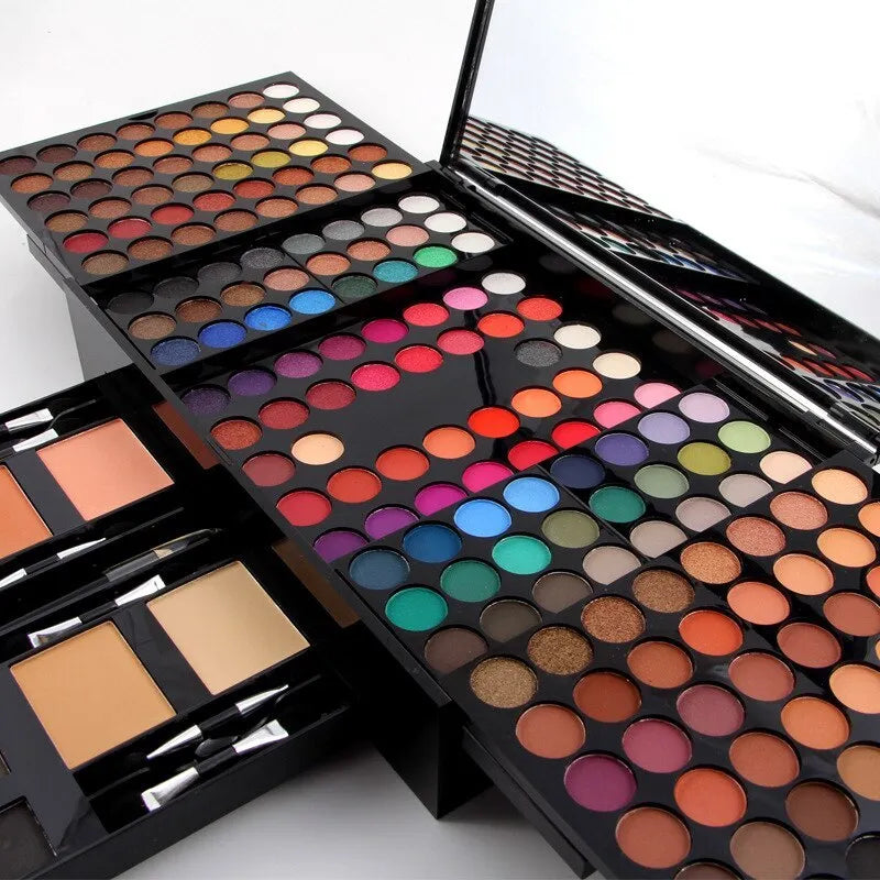 Piano keyboard-shaped makeup palette open to show 180 eyeshadows, blushers, and contour powders.