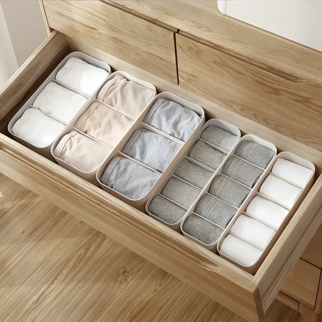 Plastic socks and underwear organiser with grid compartments in multiple colours for desktop or drawer storage